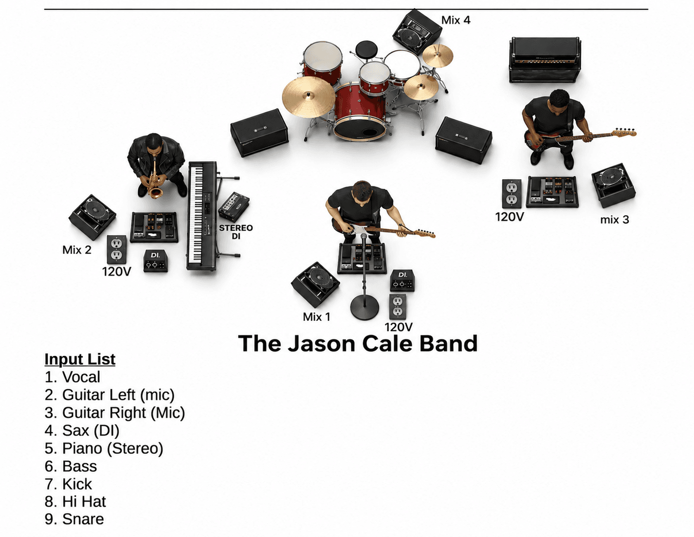 JCB Full Band stage plot, with overhead view of drums, sax/keys, bass, and guitar/vocal positions plus DI, mix, and 120V outlet layout, and a numbered input list