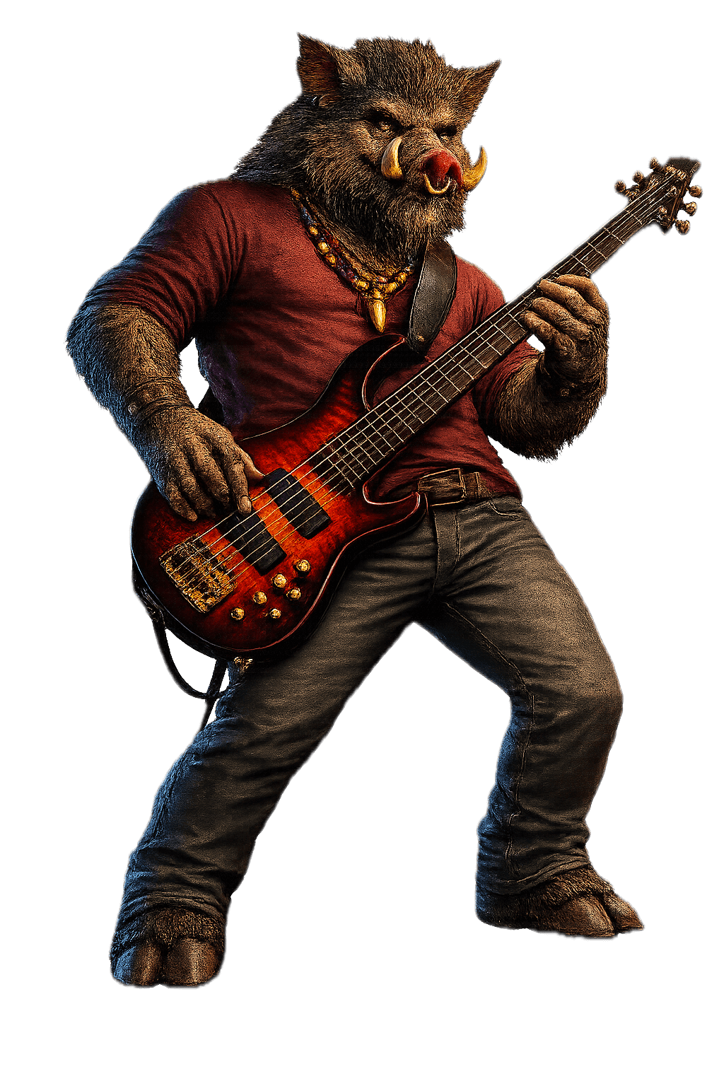 Tuskwood, the Swamp Boar, gold tusks gleaming, wielding a five-string bass