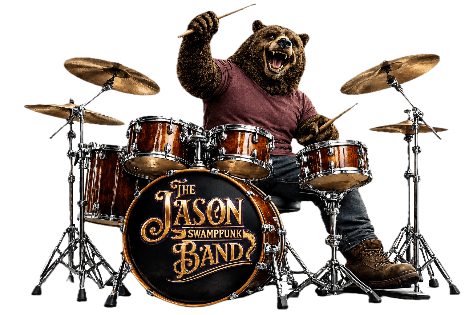 Honeythunder, the Swamp Bear, beaming behind a full drum kit with the JCB bass drum logo
