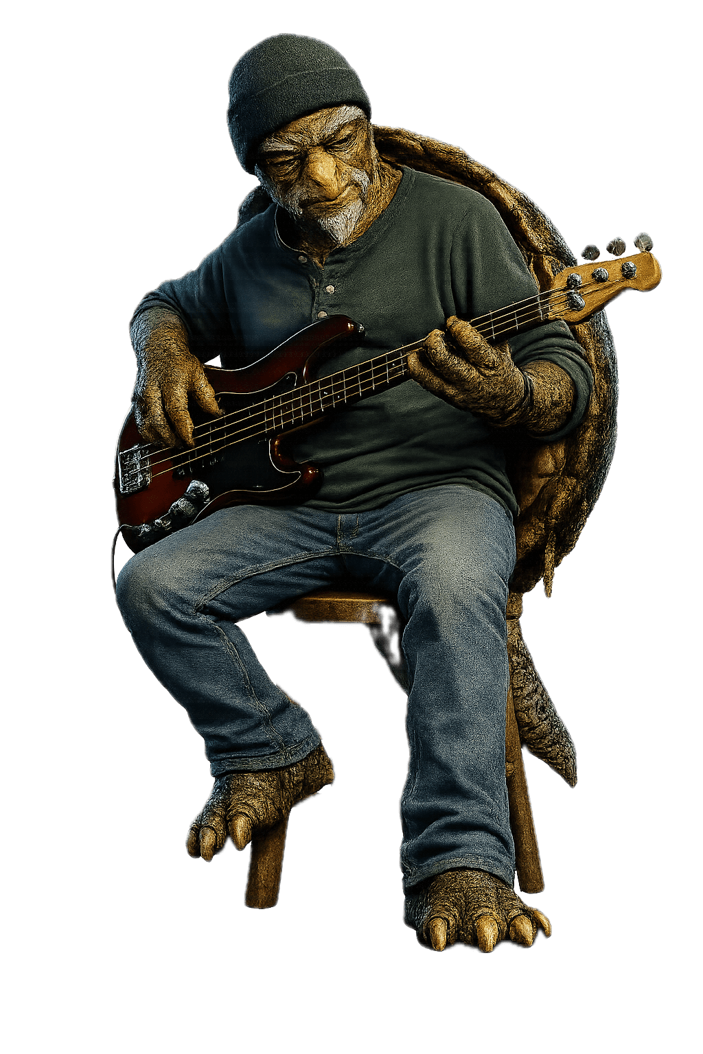 Old Snap, the snapping turtle, in a knit cap perched on a stool with a red bass