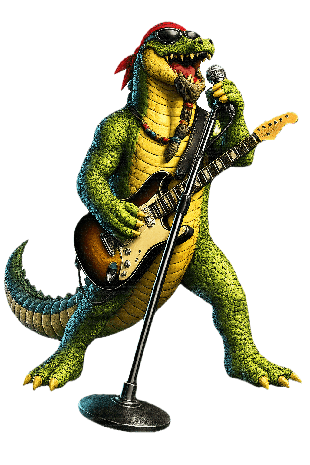 Bayou Bill, the Swamp Gator, holding a microphone with a Stratocaster slung over his shoulder