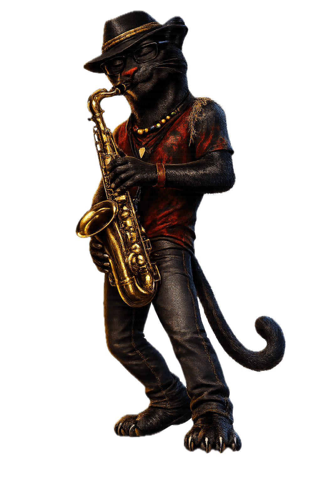 Midnight, the Swamp Panther, in fedora and dark glasses playing a golden saxophone